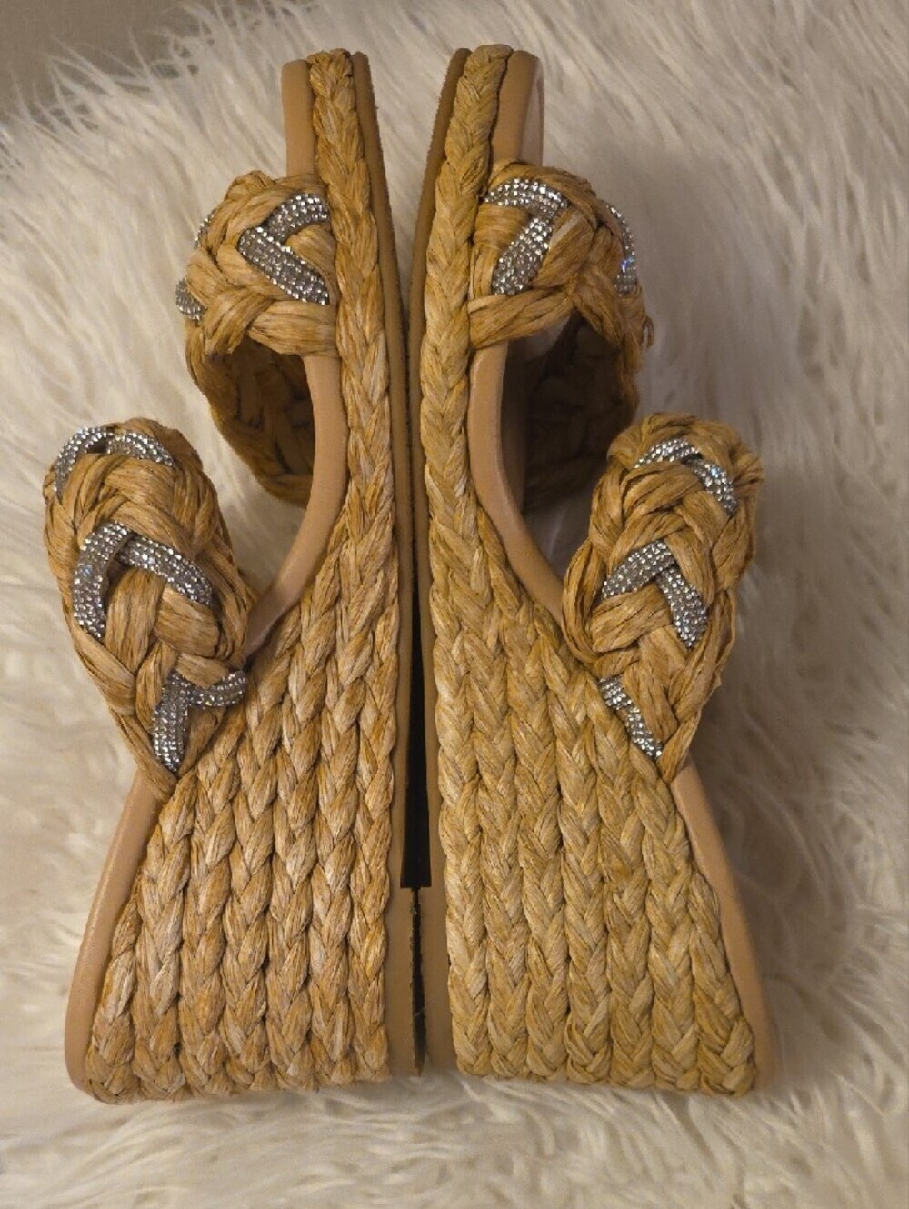 Stuart Weitzman LANA Natural Braided Raffia Wedge Sandals with Crystal Accents 8 - Picture 10 of 16